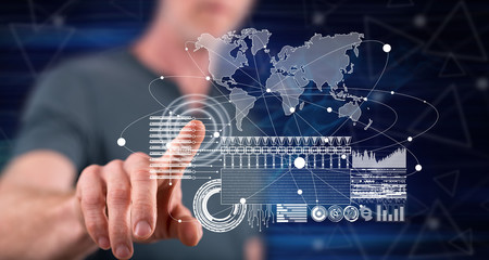 Man touching a global business digital interface concept