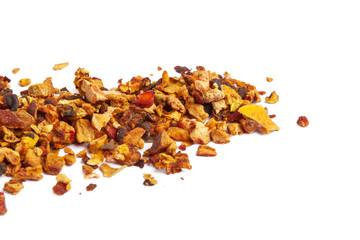 Mixture herbal floral fruit tea with petals, dry berries and fruits. Texsture