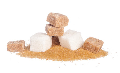 sugar cubes and sugar-sand on a white background