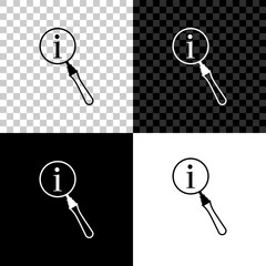 Magnifying glass and information icon isolated on black, white and transparent background. Search with information sign. Vector Illustration