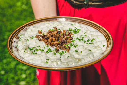 Traditional Slovak bryndzove halusky served with fried bacon and chives on rustic plate as authentic national dish of Central European cuisine
