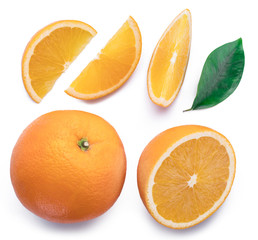 Orange fruit, orange slice and leaf isolated on white background.