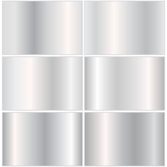 A collection of silver backgrounds with metallic gradient textures. Vector illustration with light effect.