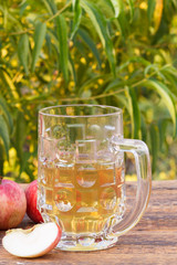 Glass goblet of apple cider and harvested apples on wooden board