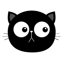 Black cat head face round icon with big eyes. Cute cartoon kawaii funny character. Pet baby print collection. Flat design. White background. Isolated.