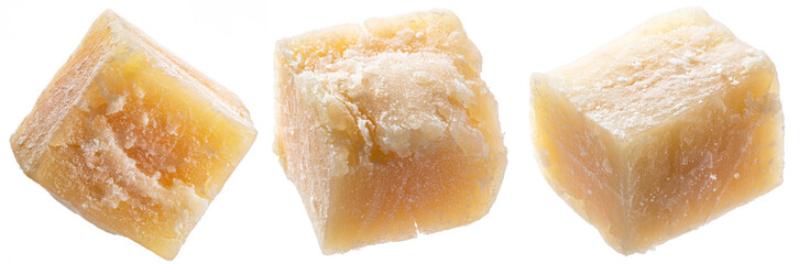 Parmesan cheese cubes isolated on white background. Clipping path.