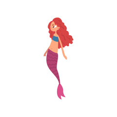 Cute Little Red Haired Mermaid with Purple Tail, Fairytale Mythical Creature Cartoon Character Vector Illustration