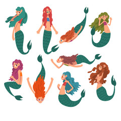 Collection of Cute Little Mermaids, Funny Fairytale Mythical Creatures Cartoon Characters Vector Illustration