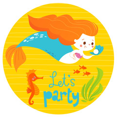 Cartoon style vector summer design with cute mermaid girl and sea fish 