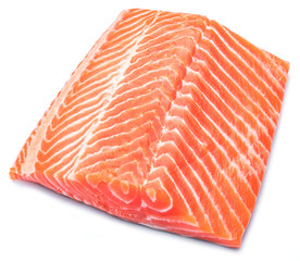 Fresh raw salmon fillet on white background. Top view.