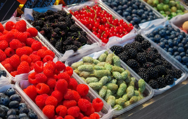 Delicious juicy colorful berries for sale at the market. Raspberry, mulberry, red currant, blueberry and others
