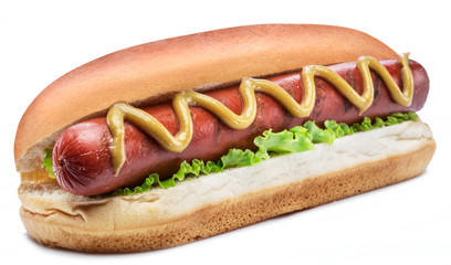 Hot dog - grilled sausage in a bun with sauces isolated on white background.