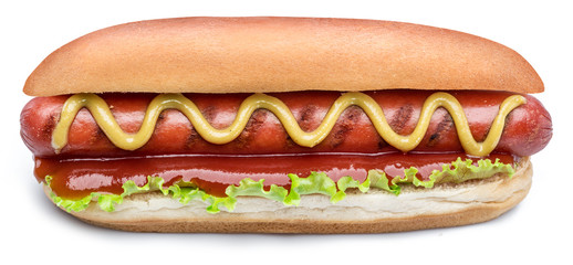 Hot dog - grilled sausage in a bun with sauces isolated on white background.