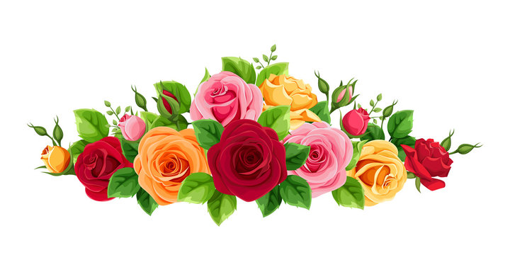Vector horizontal bouquet with red, pink, orange and yellow roses isolated on a white background.