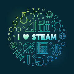 Vector I Love STEAM colorful concept circular outline illustration on dark background