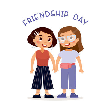 Friendship day. Two young cute girls holding hands..Funny cartoon character. Vector illustration. Isolated on white background.