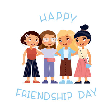 Happy friendship day. Four young cute girls hugging..Funny cartoon character. Vector illustration. Isolated on white background.