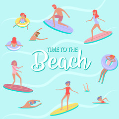 Summer beach concept. Different scenes of people on the beach. People relax on the beach, swiming in the sea, ride the surf. Editable vector illustration.