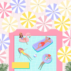 Summer swiming pool concept. Different scenes of people around the pool. People relax by the pool, sunbathe, swiming.  Editable vector illustration.