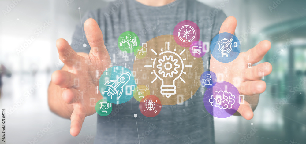 Aufkleber cloud of colorfull start up icon bubble with data businessman holding a binary 3d rendering