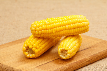 Cutting board with boiled corn on a table.