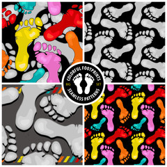 vector set of cool and creative seamless patterns with colorful footprints, the four expressive illustrations are ideal for print, textile, web, and other designs - 273607963