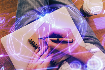 Man's hands working with notes background. Scientist checklist or entry data, research and...