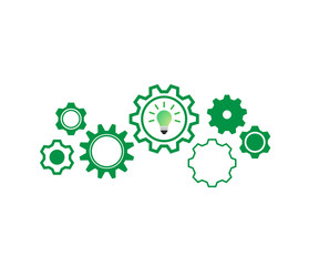 green gear wheels with green light bulb symbolizing idea.Gear vector icon. Web design icon. Gears and cogs symbol. 