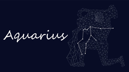 Aquarius Zodiac sign constellation vector. Horoscope sign constellation stars. Abstract crystal space dark sky background with dots stars. Vector Astrology silhouette Aquarius illustration white art