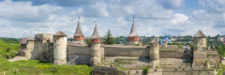 Mediaeval fortress in Kamianets-Podilskyi, panoramic view from south, Ukraine