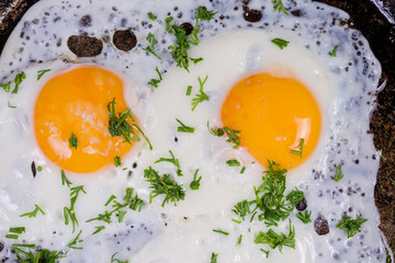 Top view of two fried eggs on the frying pan