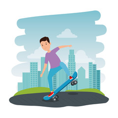 happy young boy in skateboard on the park scene
