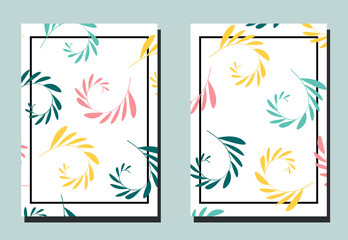 Cover with multicolored sprigs on white backdrop. Two floral vector templates of flyers. A4 format. Art can be used for placard, flyer, banner.