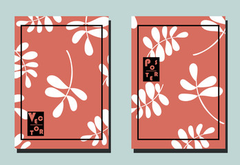 Cover with leaves. Two floral vector templates of flyers. A4 format. Art can be used for placard, flyer, banner.
