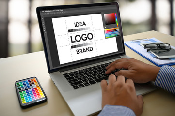 Creative Designer Graphic at work. , Illustrator Graphic designer working digital tablet and computer Color swatch samples