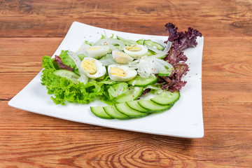 Vegetable salad with boiled quail eggs on the square dish