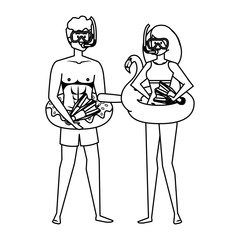 young couple with float and equipment diving