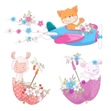 Set cute cartoon animals fox Lama and mouse on the plane and umbrellas with flowers children clipart.