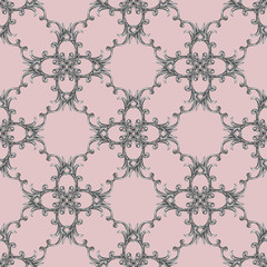 Baroque silver elements ornamental seamless pattern. Watercolor hand drawn gold element texture on pink background.