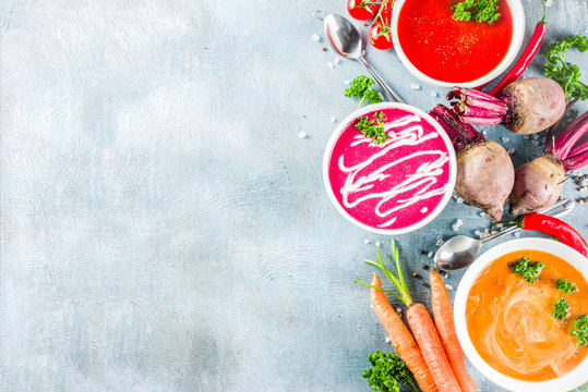 Set of various vegetable cream soups