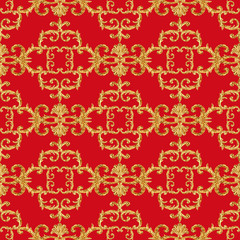 Baroque golden elements ornamental seamless pattern. Watercolor hand drawn gold element texture on red background.