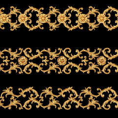 Baroque style golden ornamental segments seamless pattern. Hand drawn gold border frame