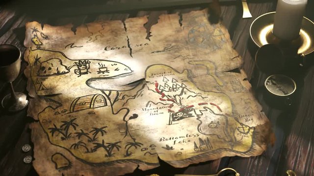 Funny hand-drawn ancient map with animated drawings. Treasure chest full of gold