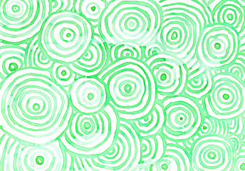 Watercolor abstract overlapping green turquoise circles background on white wallpaper