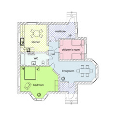 Floor plan of a modern apartment. 2d vector color ground floor plan.