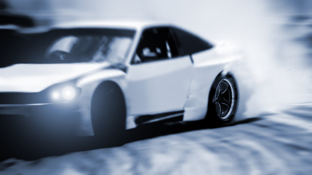 Sport car wheel drifting. Blurred of image diffusion race drift car with lots of smoke from burning tires on speed track.