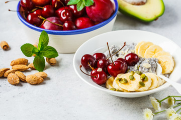 Chia pudding with banana, cherry and nuts in white plate.