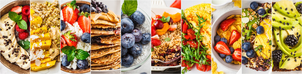 Collage of varied healthy breakfasts.