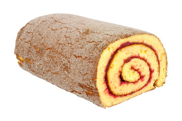 Traditional sponge Swiss roll with raspberry jam flavour filling isolated on a white background