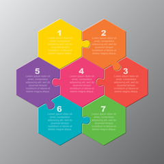 Seven pieces puzzle jigsaw hexagonal info graphic